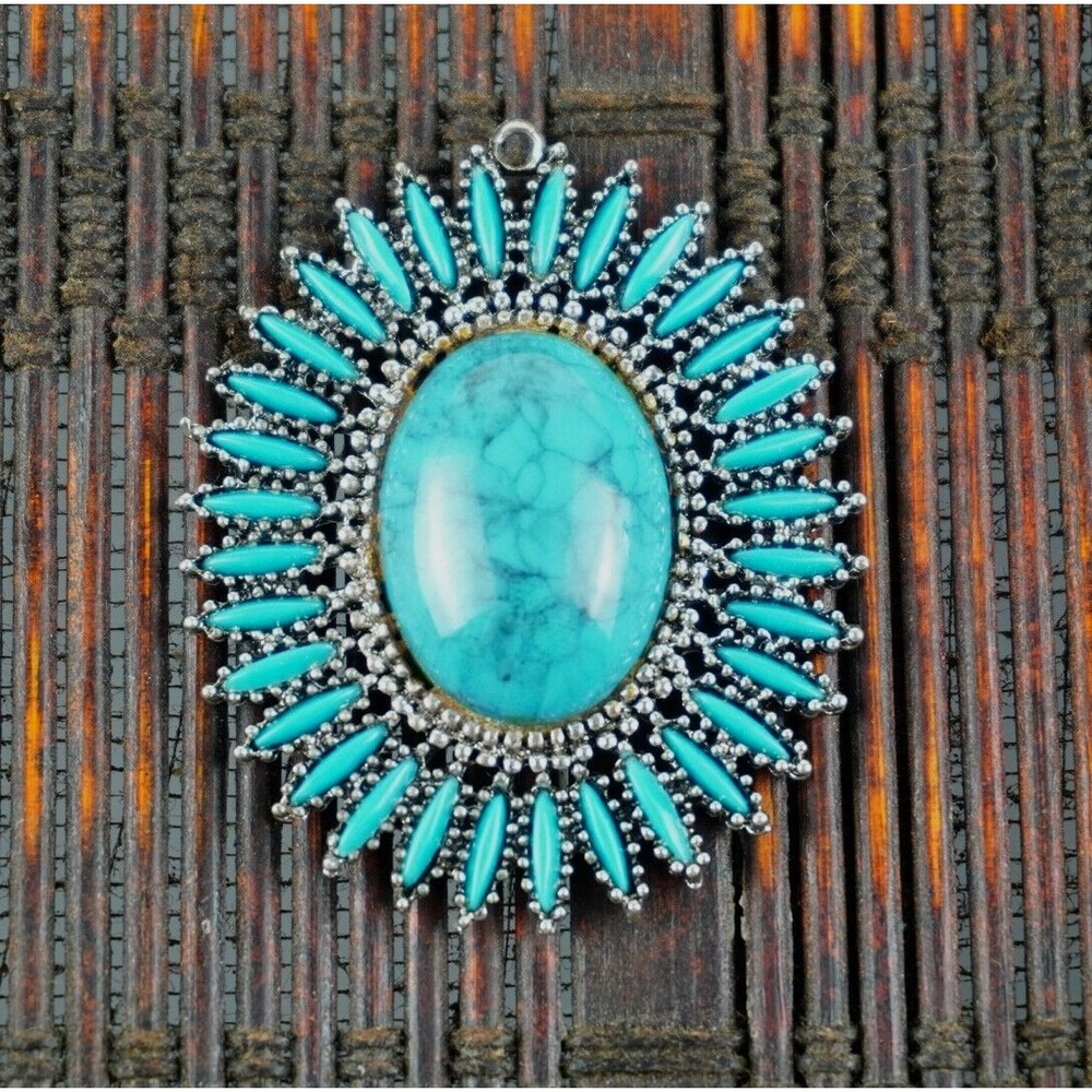 Vintage Silver Tone Faux Turquoise Starburst 2" Pendant Signed Celebrity